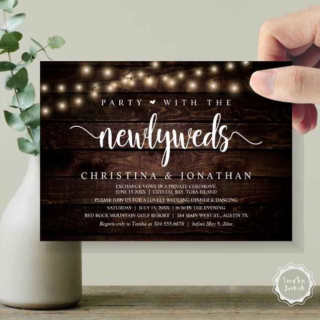 Convite Festa Com Os Newlyweds, Janto Russo De Casamento (Party With The Newlyweds, Rustic Wedding Dinner Invitation card, pdf, in cottage dark wood)