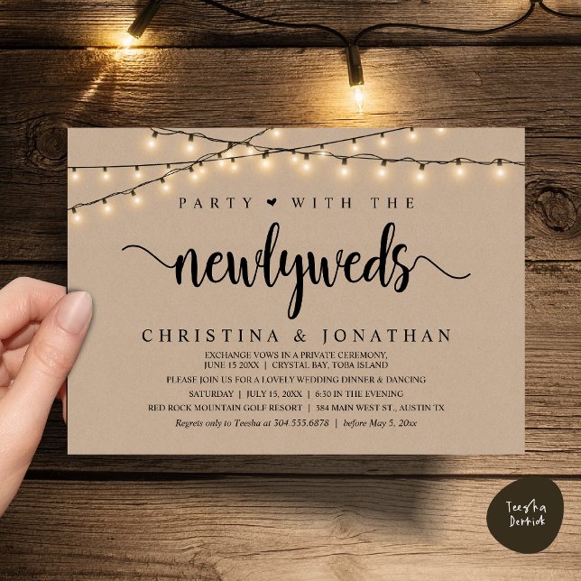 Convite Festa Com Os Newlyweds, Janto Russo De Casamento (Party With The Newlyweds, Rustic Wedding Dinner Invitation Card, PDF, String Lights Brown Kraft)