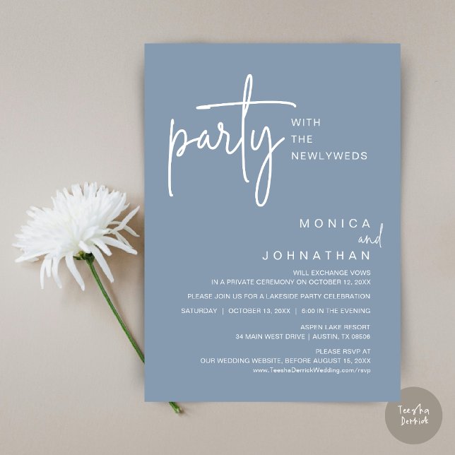 Convite Festa Com Os Recém-Casados, Janto De Casamento (Party with the newlyweds, Post wedding dinner celebration invitation card, PDF, in Dusty Blue)