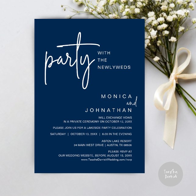 Convite Festa Com Os Recém-Casados, Janto De Casamento (Party with the newlyweds, Post wedding dinner celebration invitation card, PDF, in Navy Blue)
