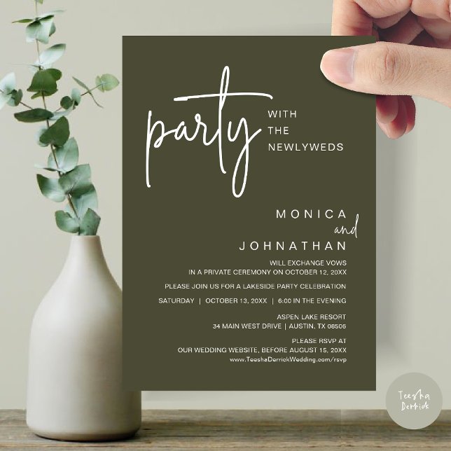 Convite Festa Com Os Recém-Casados, Janto De Casamento (Party with the newlyweds, Post wedding dinner celebration invitation card, PDF, in Olive Green)