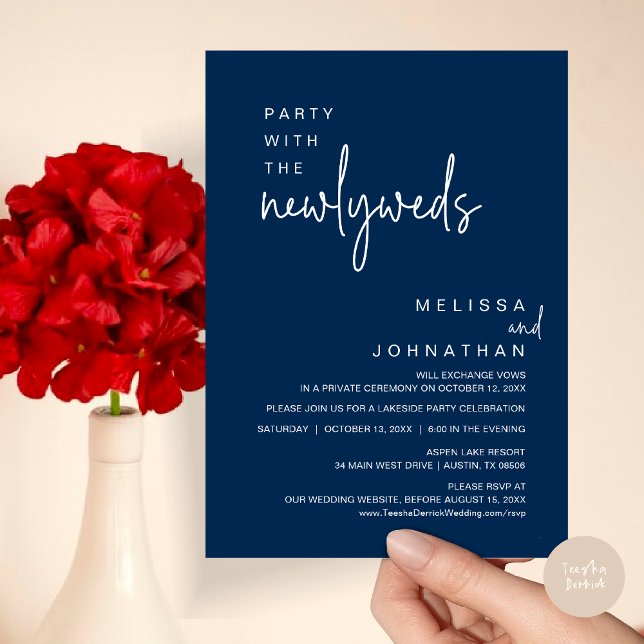 Convite Festa Com Os Recém-Casados, Janto De Casamento (Party with the newlyweds, Post wedding dinner celebration invitation card, PDF, in Navy Blue)