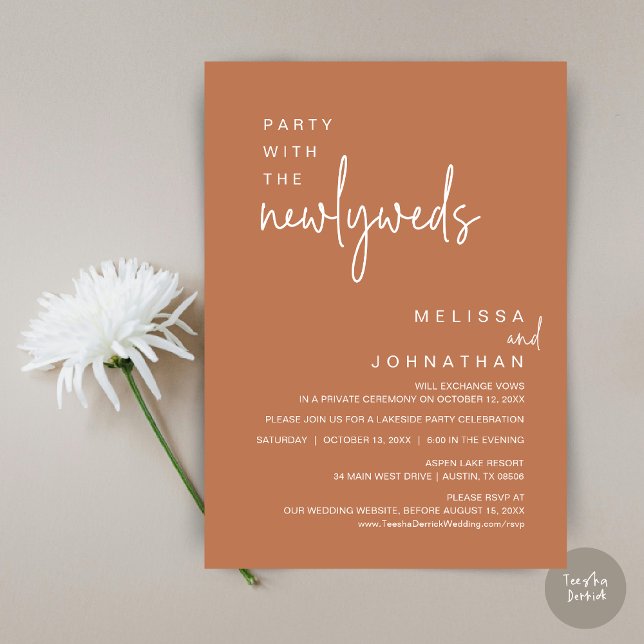 Convite Festa Com Os Recém-Casados, Janto De Casamento (Party with the newlyweds, Post wedding dinner celebration invitation card, PDF, in Copper Rust Brown)