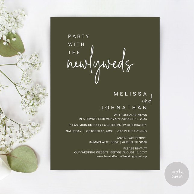 Convite Festa Com Os Recém-Casados, Janto De Casamento (Party with the newlyweds, Post wedding dinner celebration invitation card, PDF, in Olive Green)