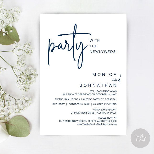 Convite Festa Com Os Recém-Casados, Janto De Casamento (Party with the newlyweds, Post wedding dinner celebration invitation card, PDF, in Navy Blue)