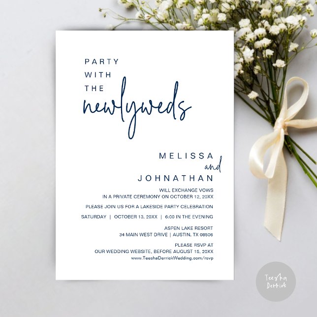 Convite Festa Com Os Recém-Casados, Janto De Casamento (Party with the newlyweds, Post wedding dinner celebration invitation card, PDF, in Navy Blue)
