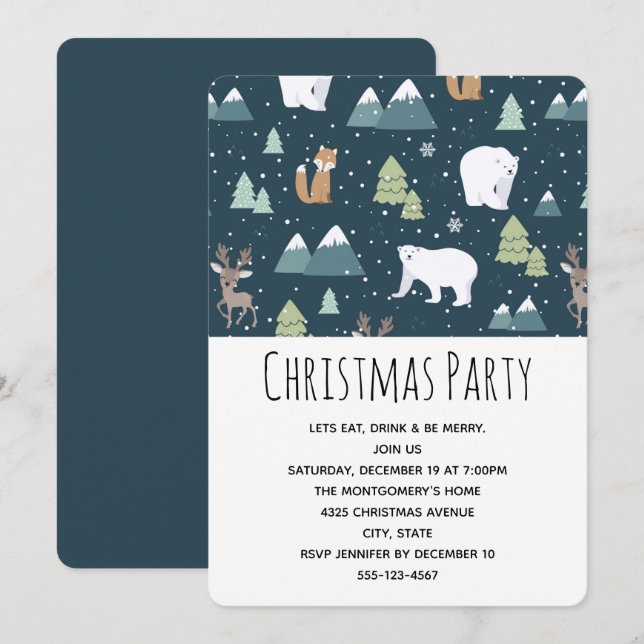 Convite Festa com padrão de animais de inverno de Natal fo (Frente/Verso)