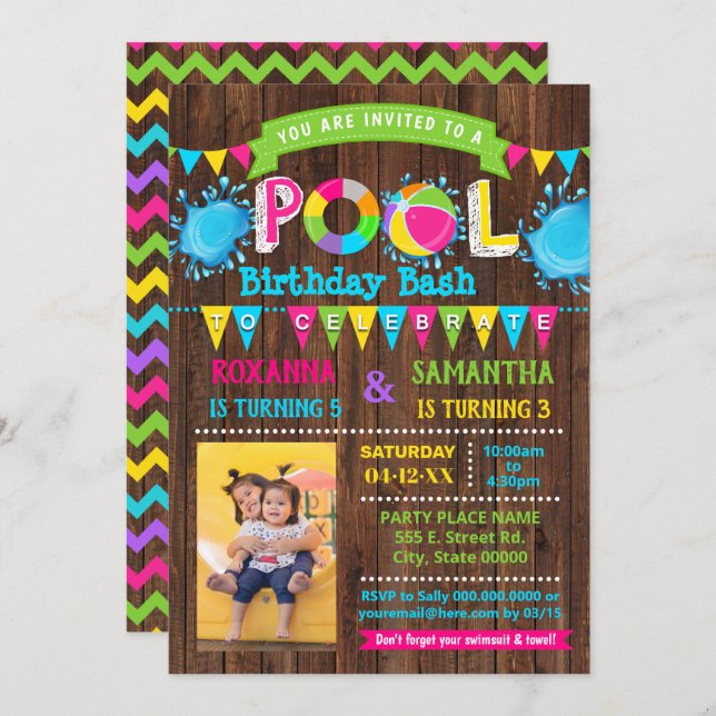 Convite Festa combinada de aniversário de Piscina Rosa Que (Frente/Verso)