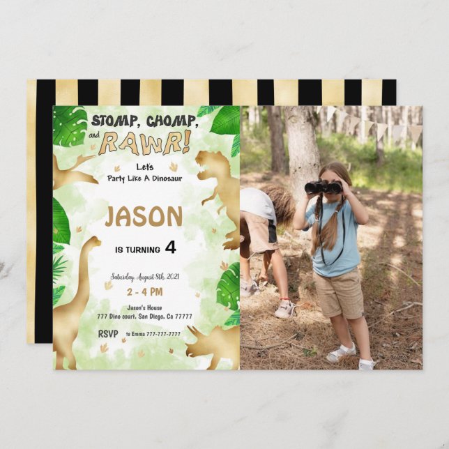Convite Festa Como Um Dinossauro, Foto De Festa de anivers (Frente/Verso)