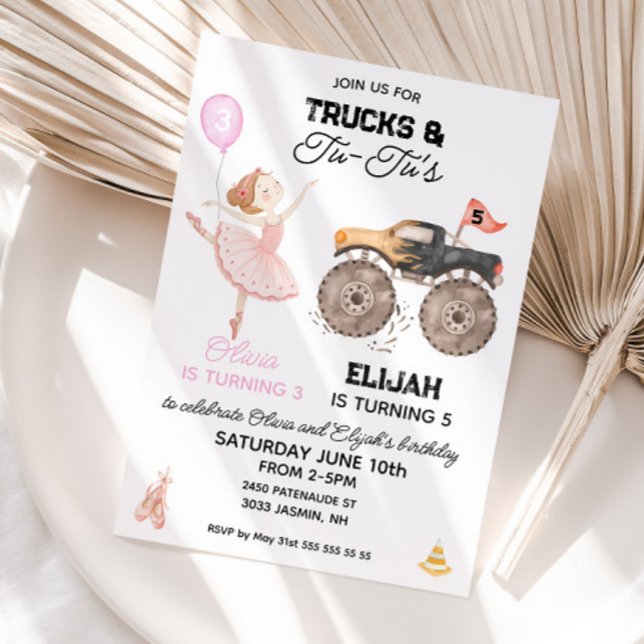 Convite Festa conjunta de aniversário de bailarina e camin (Monster truck and Ballerina joint sibling birthday invitation)