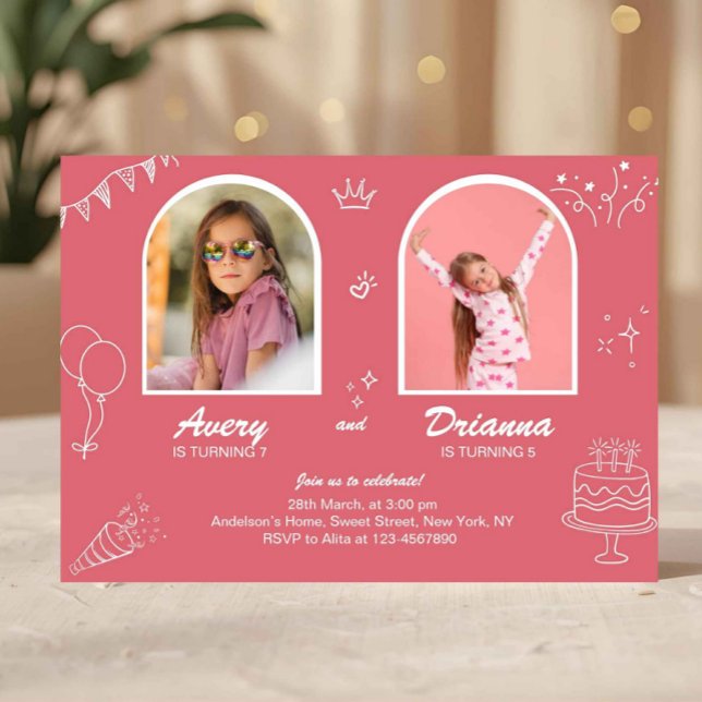 Convite Festa Conjunta de Aniversário Duplo das Meninas Ro (joint birthday invitation girls, pink birthday invite girls, sibling birthday invitation, double bir)