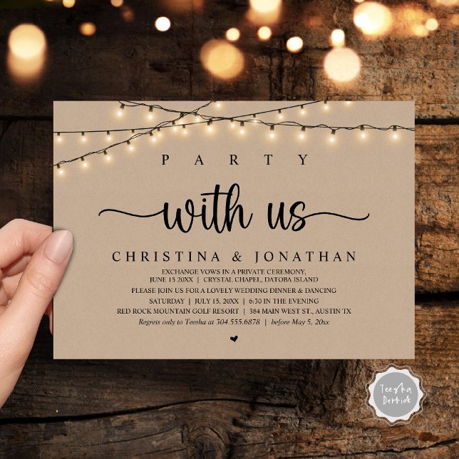 Convite Festa conosco, Elopemento Jante Russo de Casamento (Party with us, Rustic Wedding Dinner Elopement Invitation Card, PDF, String Lights Brown Kraft)