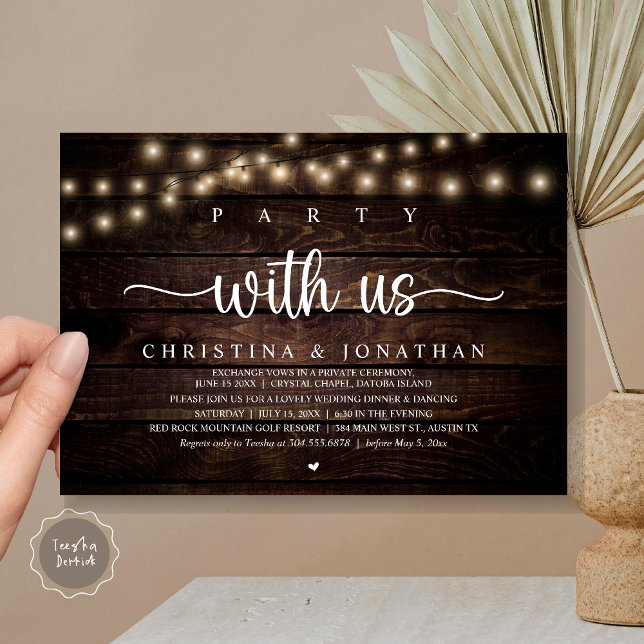 Convite Festa conosco, Elopemento Jante Russo de Casamento (Party with us, Rustic Wedding Dinner Elopement Invitation card, pdf, in cottage dark wood)