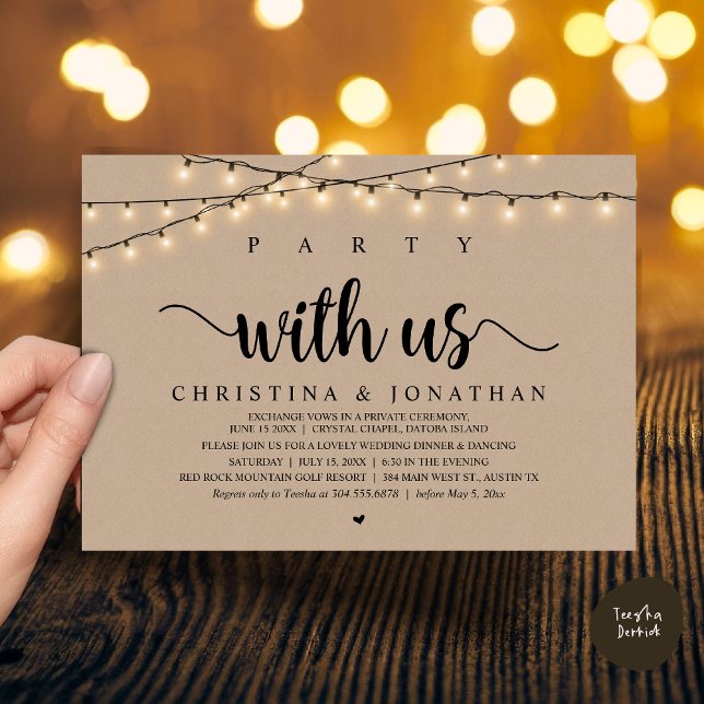 Convite Festa conosco, Elopemento Jante Russo de Casamento (Party with us, Rustic Wedding Dinner Elopement Invitation Card, PDF, String Lights Brown Kraft)