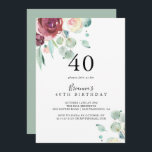 Convite Festa Contemporânea de aniversário de 40 anos Flor<br><div class="desc">Este convite de festas de aniversário de 40 anos floral de eucalipto contemporâneo é perfeito para uma festa de aniversário moderna. A design apresenta cor d'água púrpura,  pincelada,  bordo e adoráveis peonias burras com folhas verdes de eucalipto,  inspiradora beleza artística.</div>