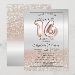 Convite Festa Cool Silver Rose Gold Bokeh Sweet 16