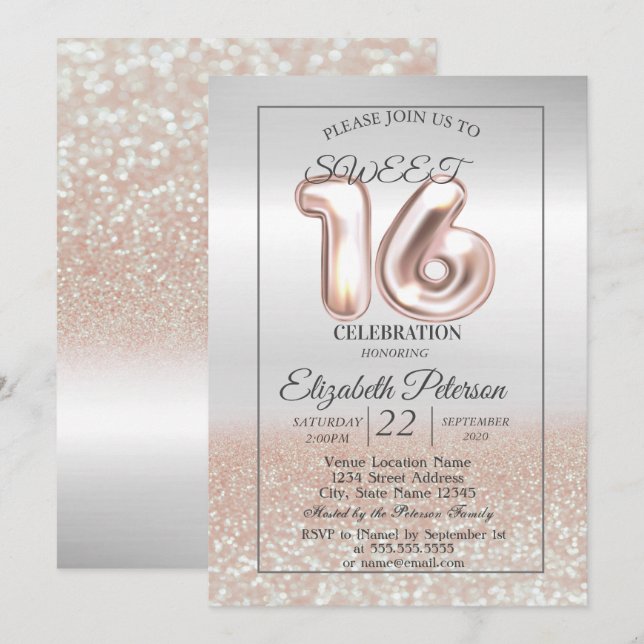 Convite Festa Cool Silver Rose Gold Bokeh Sweet 16 (Frente/Verso)