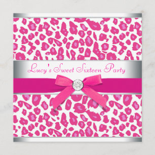 Convite Festa Cor-de-Rosa Quente com Laço Leopardo Rosa Do