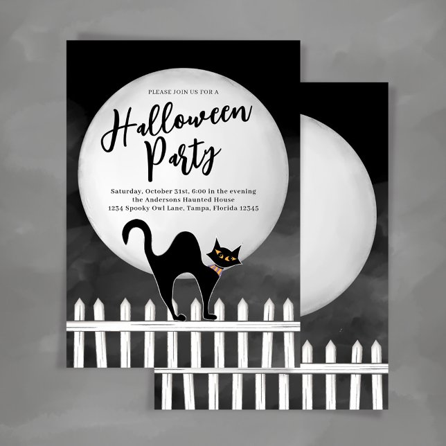 Convite Festa Customizada de Halloween de Gato Preto Assus (Spooky black cat Halloween Party Invitations.)