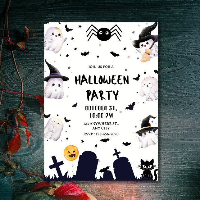 Convite Festa Cute Kawaii Fantasmas e Graveyard Halloween (Cute Kawaii Ghosts & Graveyard Halloween Party Invitation
)