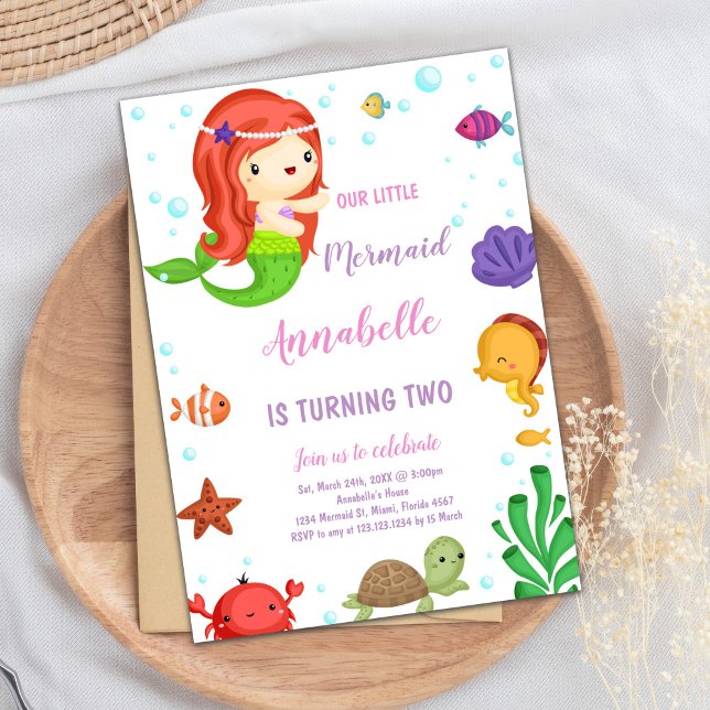 Convite Festa "Cute under Sea Party" Convide para Rapariga (Little Orange Hair Mermaid Invitations)
