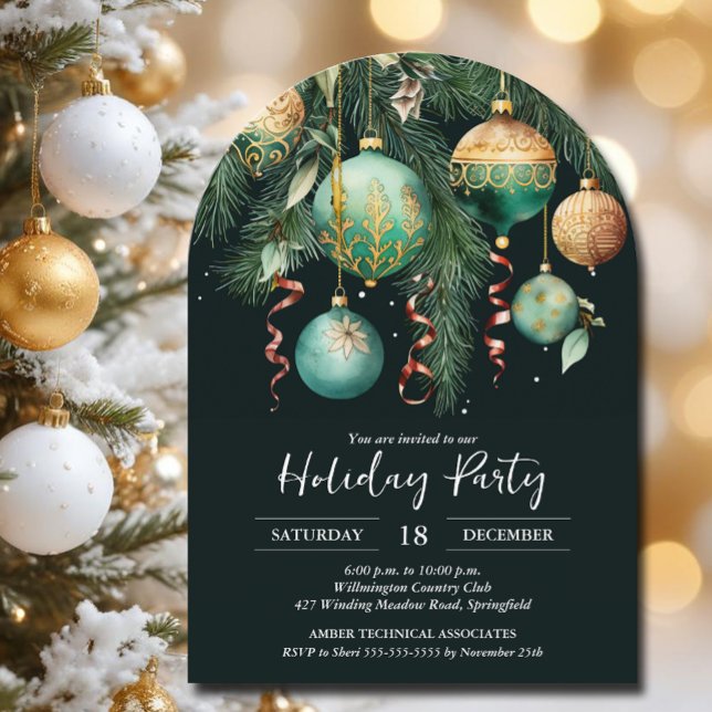Convite Festa da Árvore de Natal com Bolas Douradas (Gold and green Christmas Tree Ornaments party invitations, PRINTED and/or INSTANT DOWNLOAD)