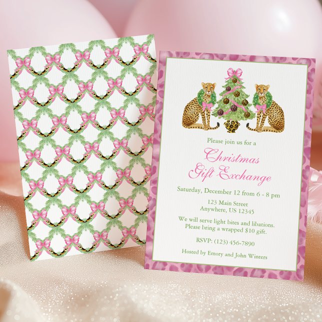 Convite Festa da Árvore de Natal com Leopardo Rosa em Aqua (Criador carregado)
