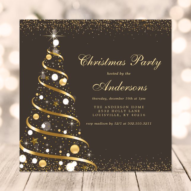 Convite Festa da Árvore de Natal Elegante Marrom Dourado B (Criador carregado)