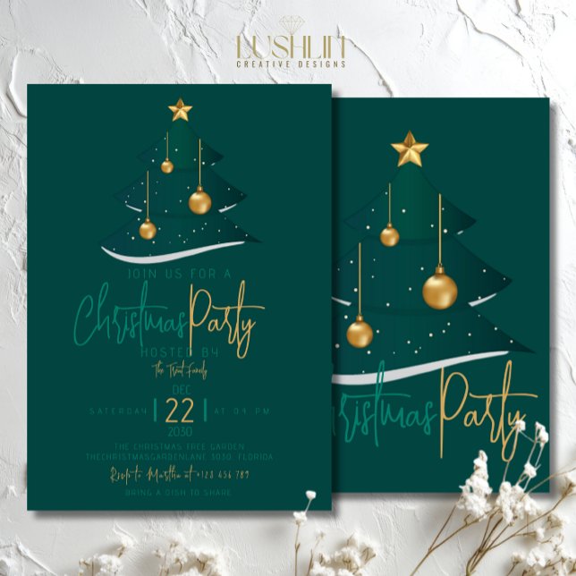 Convite Festa da Árvore de Natal Esmeralda Elegante (Criador carregado)
