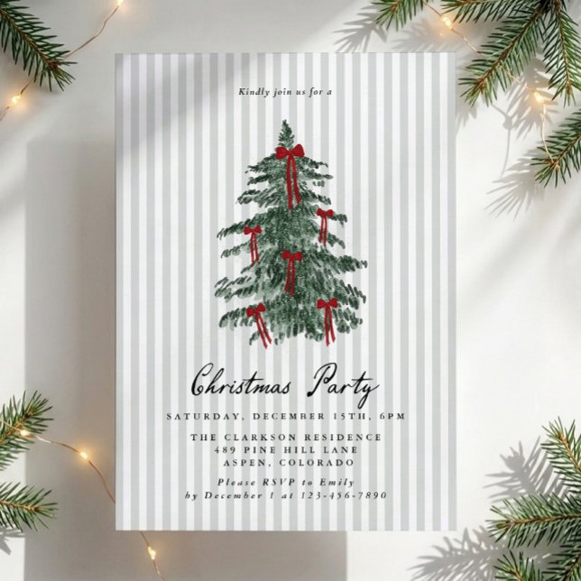 Convite Festa da Árvore de Natal Listrada de Verde Préppy  (Criador carregado)