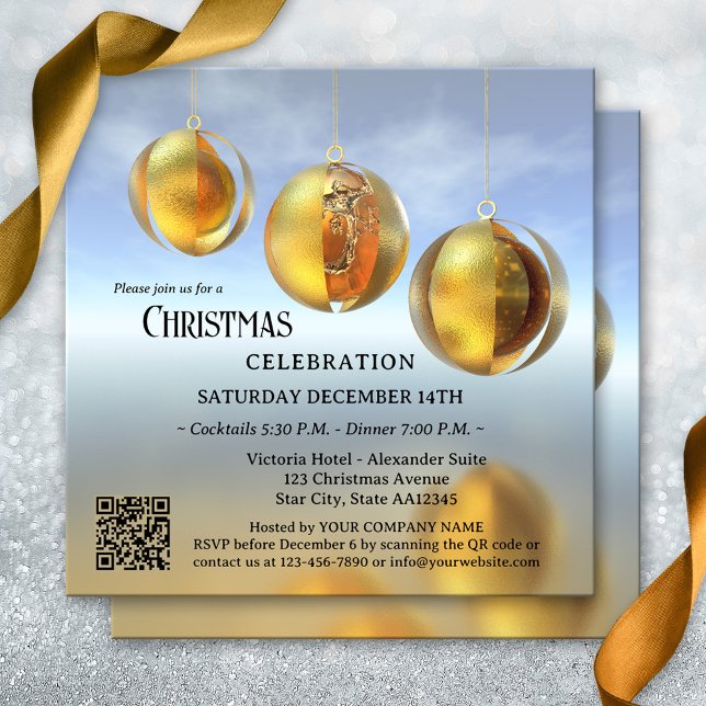 Convite Festa da Companhia de Natal Moderna Abstrato (Corporate holiday party invitation featuring artistic golden Christmas balls + QR code template )