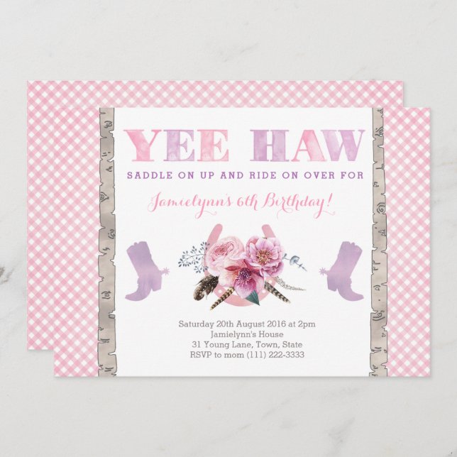 Convite festa da cowgirl convidada com botas e ferradura (Frente/Verso)