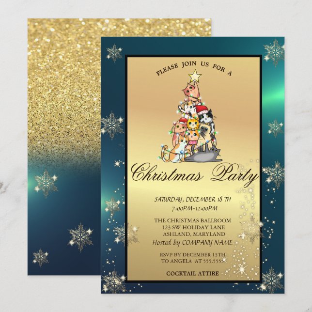 Convite Festa da Empresa Pine Tree,Cats,Snowflakes  (Frente/Verso)
