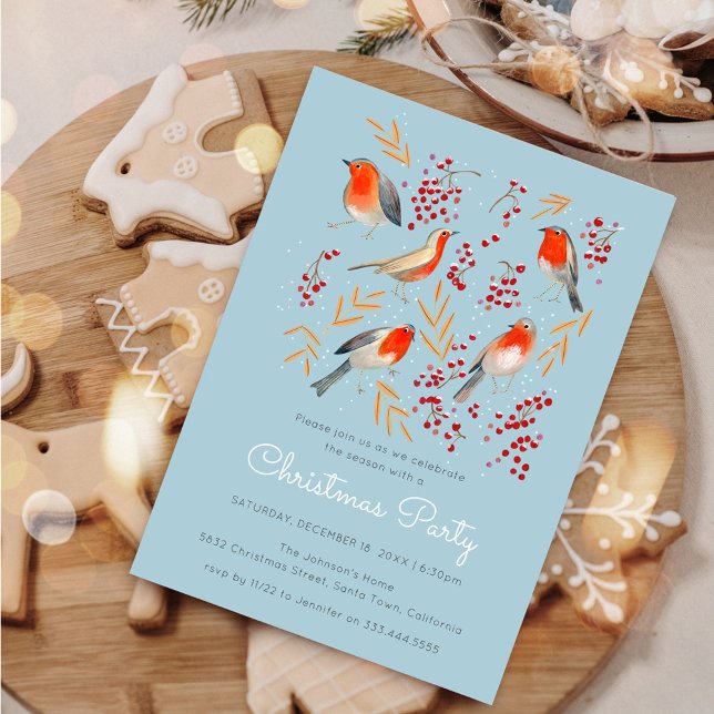Convite Festa da Família de Natal Azul Robin Blue Bird (Cute Bird Red Robin Blue Christmas Family Party Invitation)