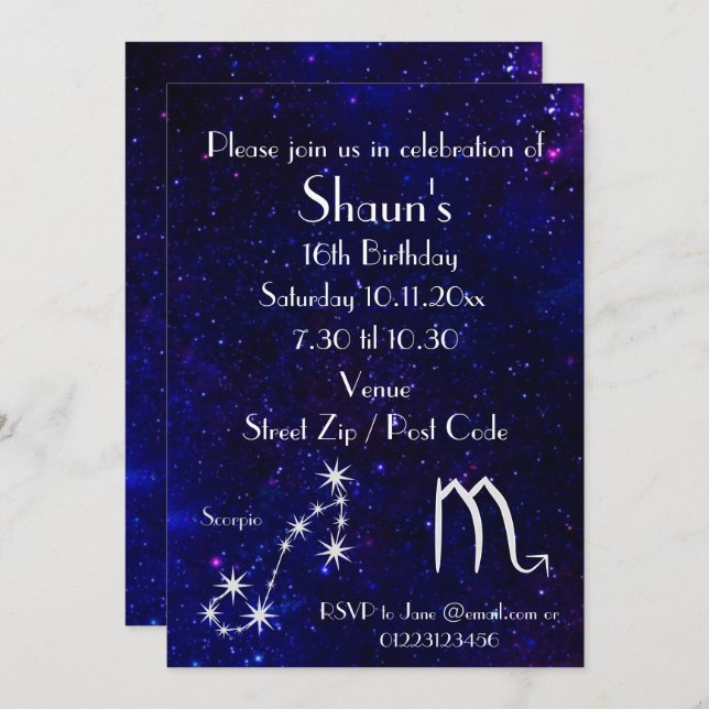 Convite Festa da Galáxia do Zodíaco de Escorpião Personali (Frente/Verso)