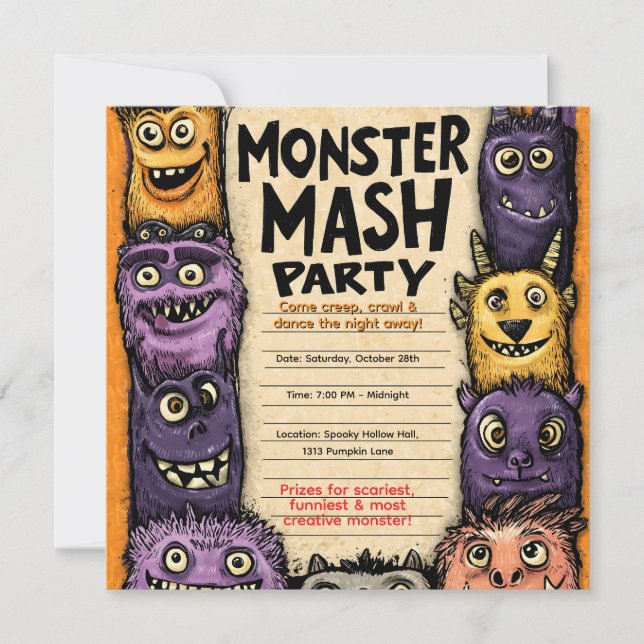 Convite "Festa da Mistura de Monstros" com Monstros Fofos (Frente)