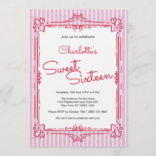 Convite Festa da Princesa Glam com Listras Rosas Sweet 16 