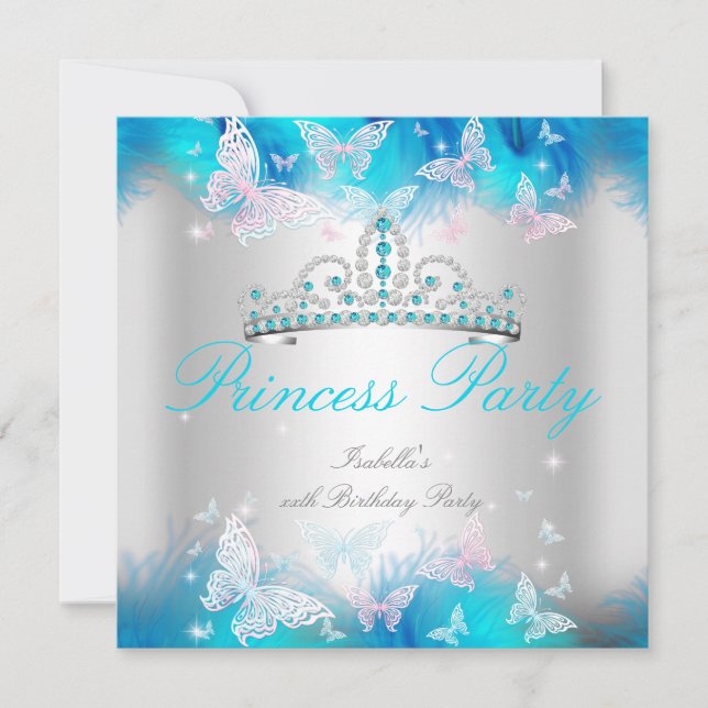 Convite Festa da Princesa Rosa Azul Turquesa Tiara Borbole (Frente)