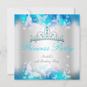 Convite Festa da Princesa Rosa Azul Turquesa Tiara Borbole