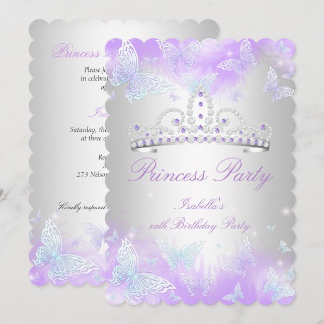Convite Festa da Princesa Tiara Roxo Azul Turquesa Borbole (Frente/Verso)