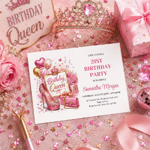 Convite Festa da Rainha de Aniversário com Brilho Rosa e D