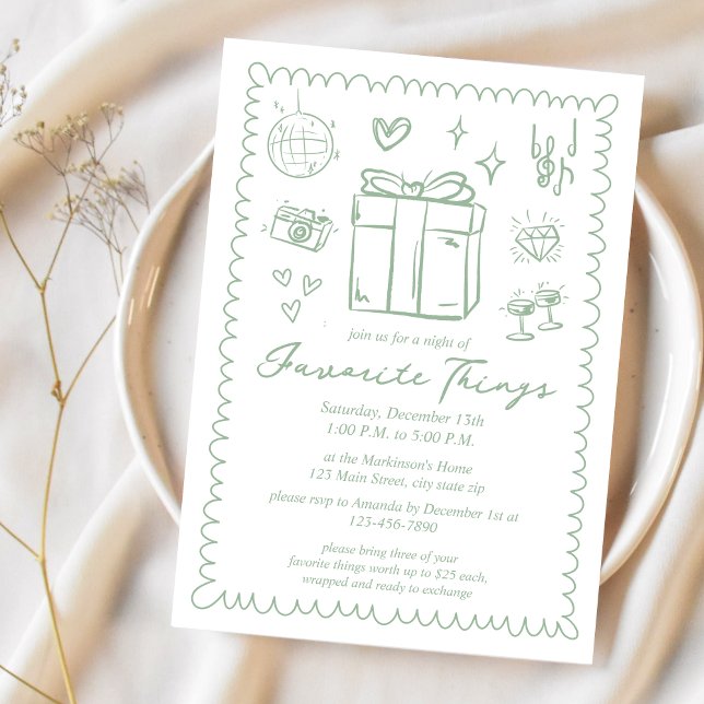 Convite Festa das Coisas Favoritas em Verde Musgo Desenhad (Criador carregado)