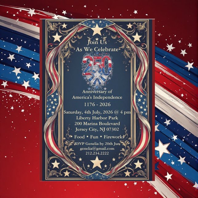 Convite Festa das Estrelas e Listras do 250º Aniversário d (Americana 250 Anniversary Stars and Stripes Party Invitation)