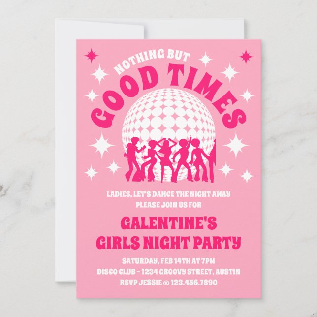 Convite Festa das Meninas do Groovy Pink Galentine (Frente)