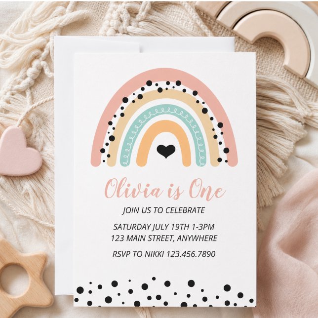 Convite Festa de 1º Aniversário Arco-íris & Corações (Rainbow & Hearts 1st Birthday Party Invitation)