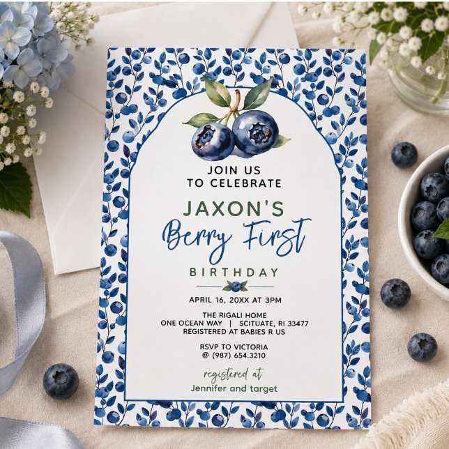 Convite Festa de 1º Aniversário Berry First Blueberry (Berry First Blueberry 1st Birthday Party Invitation)