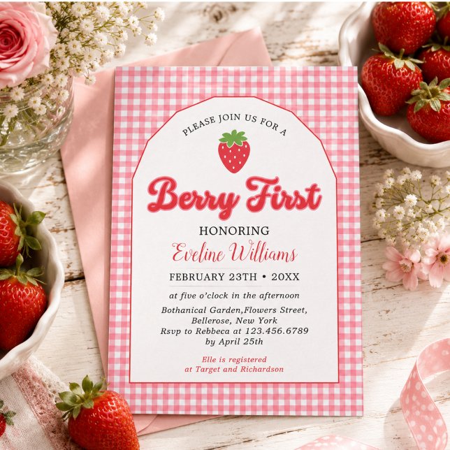 Convite Festa de 1º Aniversário Berry Sweet Morango (Berry Sweet Strawberry 1st Birthday Party Invitation)