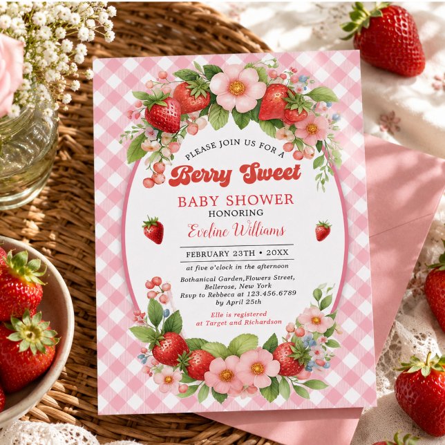 Convite Festa de 1º Aniversário Berry Sweet Morango (Berry Sweet Strawberry 1st Birthday Party Invitation)