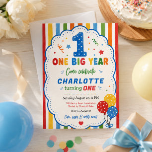 Convite Festa de 1º Aniversário Bold Rainbow One Big Year