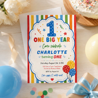 Convite Festa de 1º Aniversário Bold Rainbow One Big Year